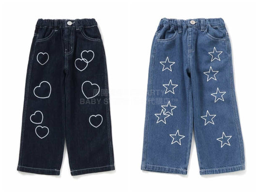 日本童裝 BREEZE 鏈繡闊腳牛仔褲 90-140cm 女童款 冬季 PANTS