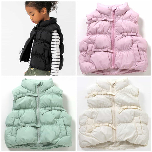 日本童裝 BREEZE 皺褶緞帶夾棉背心外套 80-140cm 女童款 冬季 OUTERWEAR