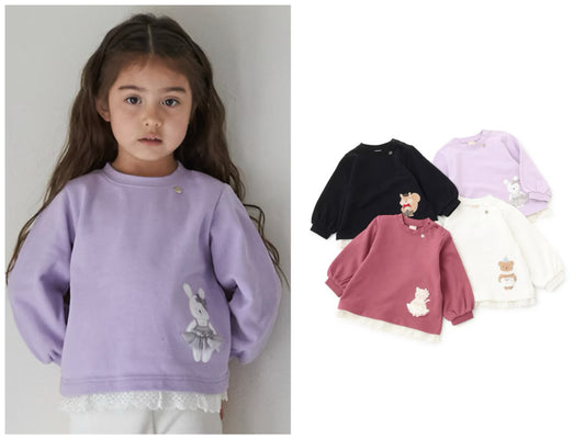 日本童裝 pe#main 動物圖案蕾絲衛衣 80-130cm 女童款 冬季 TOPS