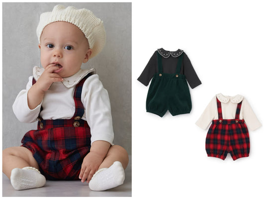 日本童裝 pe#main 刺繡領上衣吊帶褲套裝 70-80cm 男童款/女童款 冬季 TOPS PANTS Jumpsuit 聖誕紅/新年紅