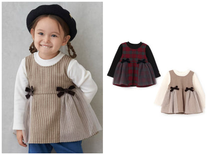 日本童裝 pe#main 假兩件蝴蝶結花邊上衣 80-130cm 女童款 冬季 TOPS 聖誕紅/新年紅