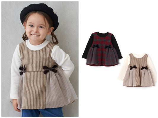 日本童裝 pe#main 假兩件蝴蝶結花邊上衣 80-130cm 女童款 冬季 TOPS 聖誕紅/新年紅