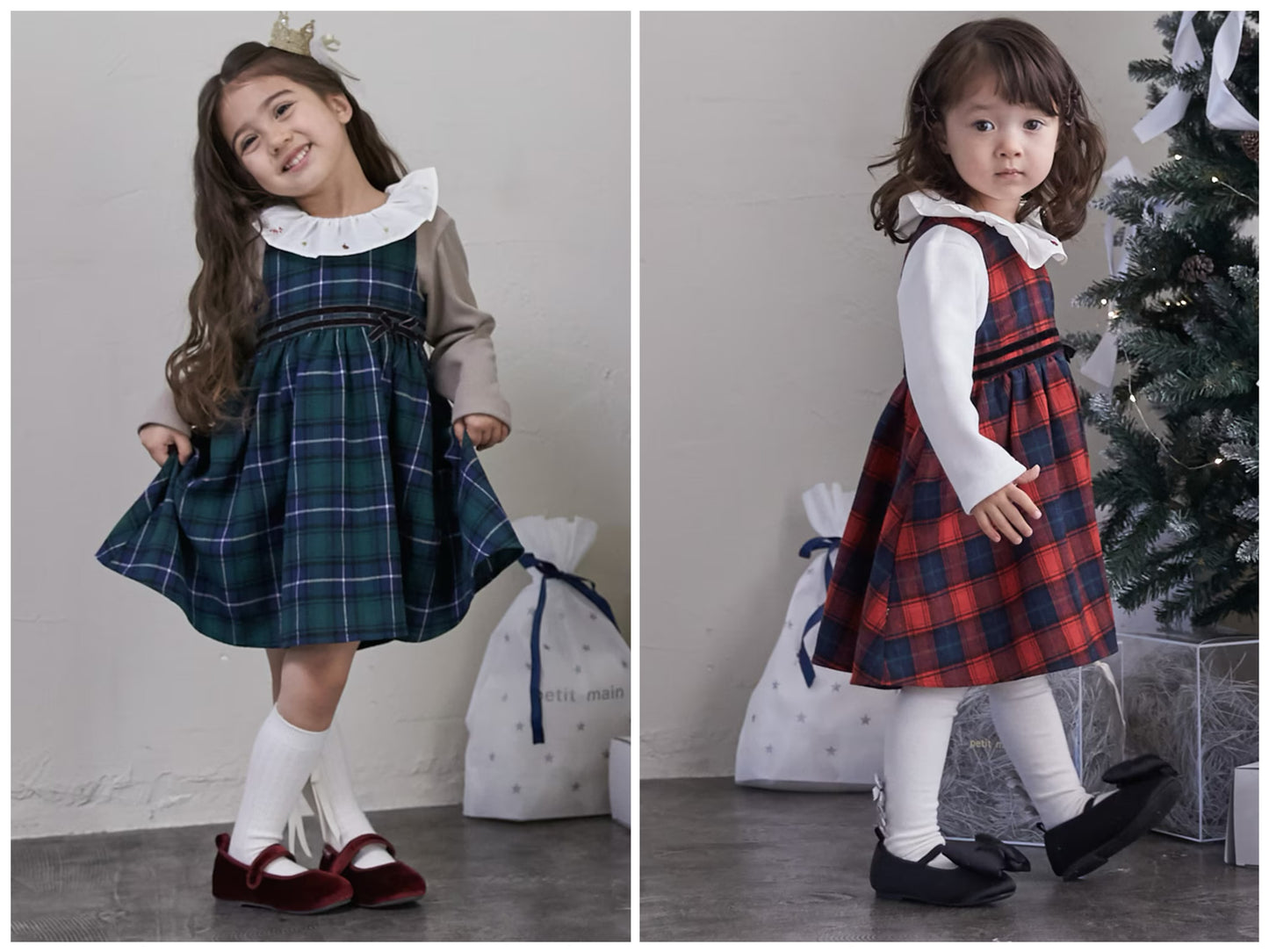 日本童裝 pe#main 假兩件格仔連身裙 80-130cm 女童款 冬季 DRESSES 面試/宴會/表演 聖誕紅/新年紅