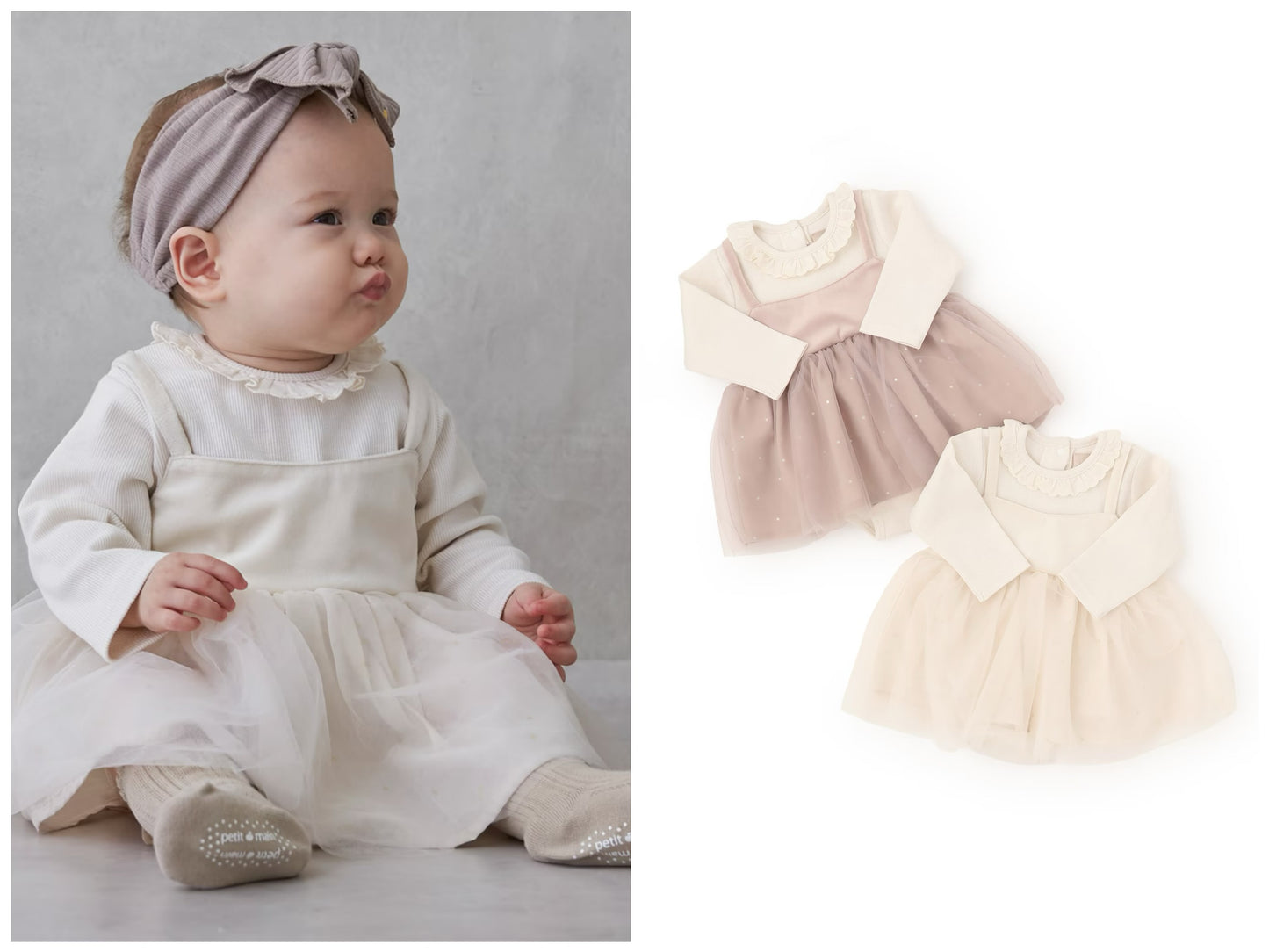 日本童裝 pe#main 假兩件網紗連衣 70-80cm 初生嬰兒 女童款 冬季 Jumpsuit