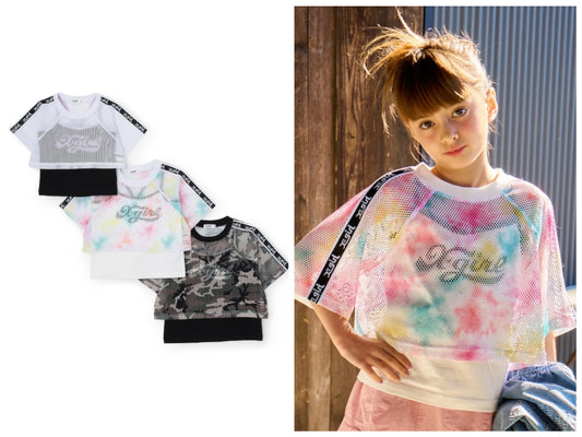 日本童裝 X-girl Stages 網眼短上衣及logo吊帶兩件套裝 90-140cm 女童款 夏季 TOPS