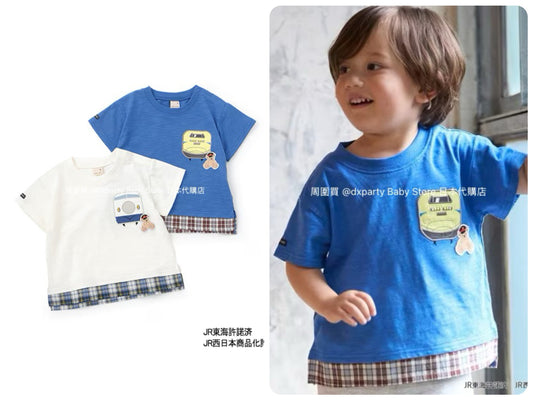 Japanese children's clothing pe#main x Shinkansen plaid appliqué short-sleeved top 80-130cm boys' summer TOPS railway series 