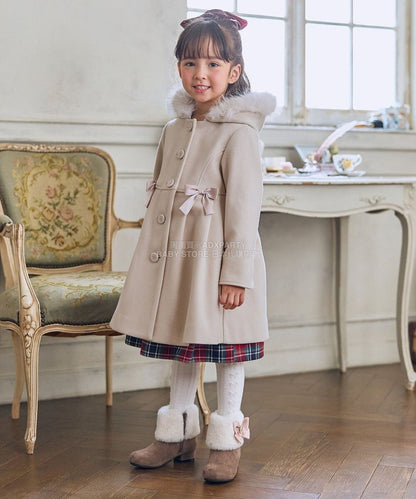 日本童裝 aF#a325 【可拆式毛毛帽】毛呢大褸 110-160cm 女童款 秋季 (適合寒冷天氣、溫度低天氣及落雪）OUTERWEAR