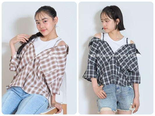 Lovetoxic Japanese children's clothing fake two-piece off-the-shoulder shirt 130-160cm girls summer TOPS 