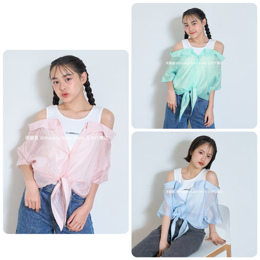 Lovetoxic Japanese children's clothing fake two-piece off-the-shoulder shirt 140-160cm girls summer TOPS 