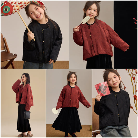 新年童裝 平安喜樂提花夾棉外套 100-160cm/S-XL 親子裝 女童款/大人款 新年中式華服唐裝 新春馬年 2026年 AAA
