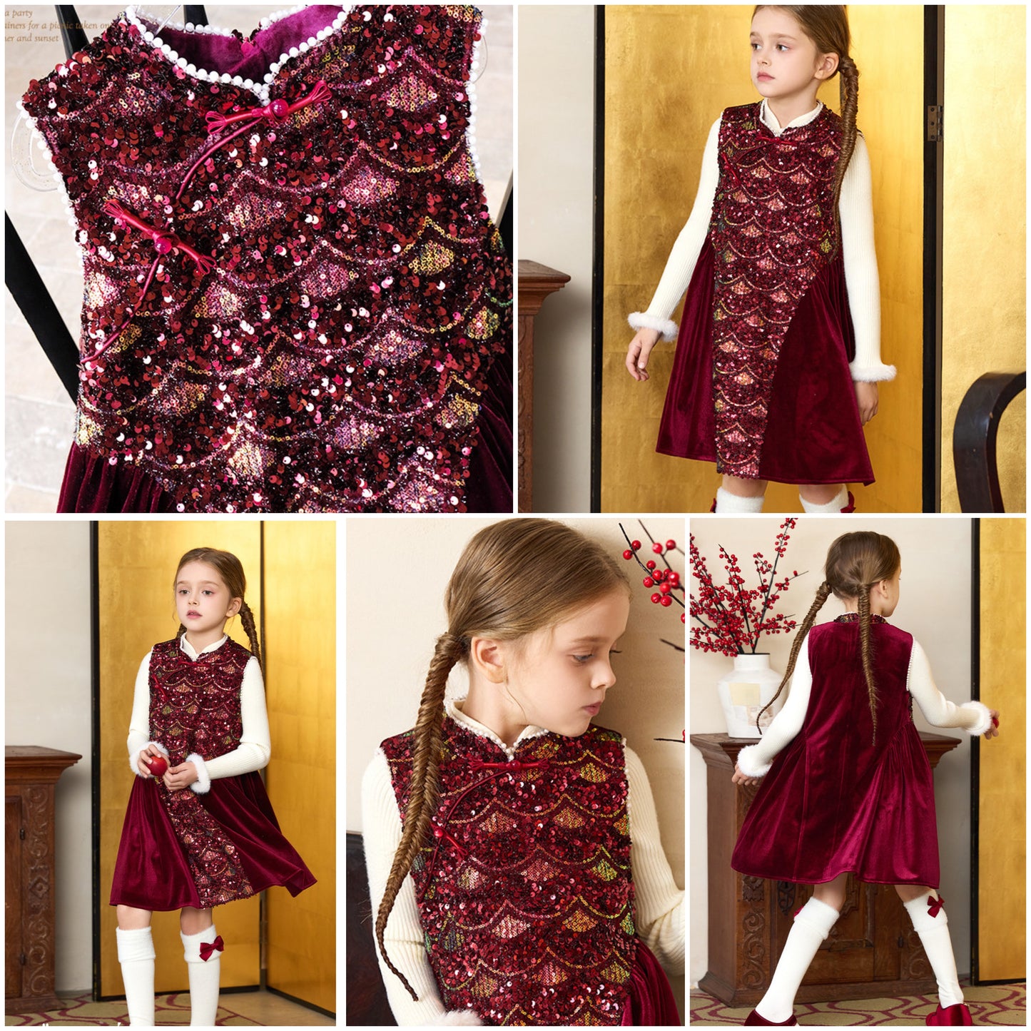 新年童裝 人魚亮片珍珠領旗袍兩件套裝 110-170cm 女童款 新年中式華服唐裝 新春馬年 2026年 AAA