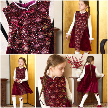 新年童裝 人魚亮片珍珠領旗袍兩件套裝 110-170cm 女童款 新年中式華服唐裝 新春馬年 2026年 AAA