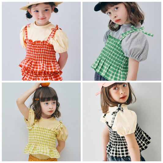 日本童裝 p.premier 紗線格紋吊帶及上衣套裝 80-140cm 女童款 夏季 TOPS