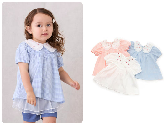 Japanese children's clothing pe#main heart-shaped embroidered collar top 80-130cm girls summer TOPS 