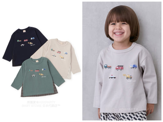 Japanese children's clothing pe#main car embroidered long-sleeved top 80-130cm boys' autumn TOPS 