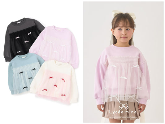 日本童裝 Ly# mine 抓毛緞帶薄紗拼接衛衣 100-150cm 女童款 冬季 TOPS