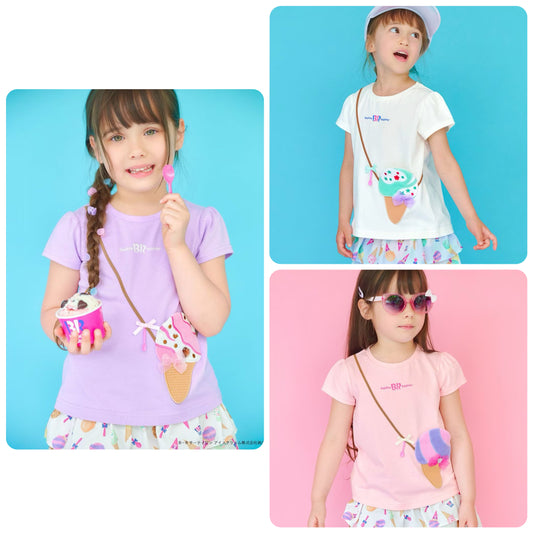 Japanese children's clothing aF#a325 x Baskin-Robbins furry ice cream pocket top 90-140cm girls summer TOPS 