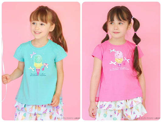 Japanese children's clothing aF#a325 x Baskin-Robbins patchwork rainbow tulle ice cream top 90-140cm girls summer TOPS 