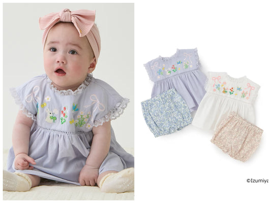 日本童裝 pe#main x【泉屋作】蕾絲褶皺刺繡兩件套裝 70-80cm 女童款 初生嬰兒 夏季 TOPS PANTS