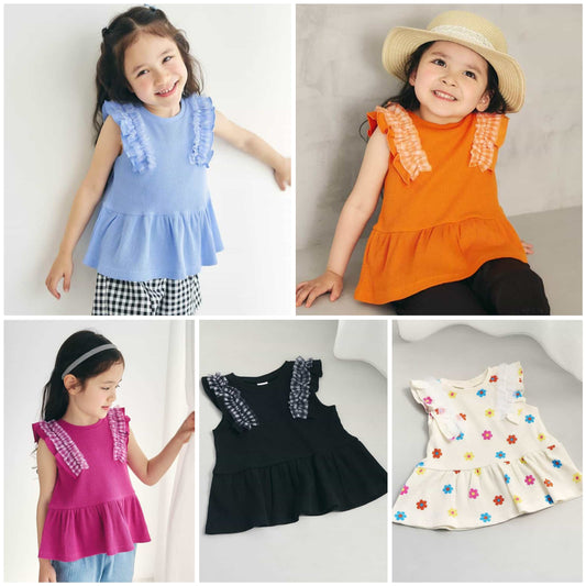 日本童裝 apres les cours 華夫格荷葉邊薄紗上衣 80-140cm 女童款 夏季 TOPS