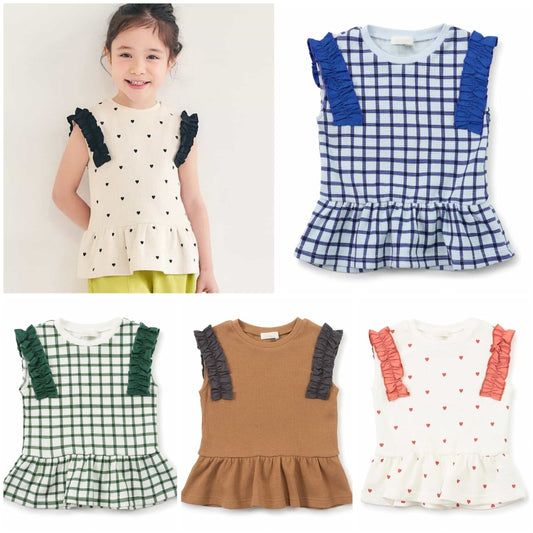 日本童裝 apres les cours 荷葉邊袖華夫格上衣 80-140cm 女童款 夏季 TOPS