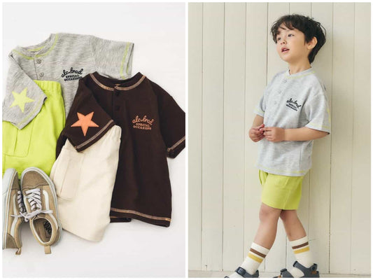 日本童裝 apres les cours 亨利領口星星貼片兩件套裝 80-130cm 男童款 夏季 TOPS PANTS