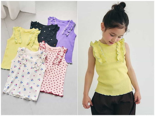 日本童裝 apres les cours 無袖華夫格荷葉邊上衣 80-140cm 女童款 夏季 TOPS