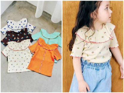日本童裝 apres les cours 華夫格荷葉領上衣 80-140cm 女童款 夏季 TOPS