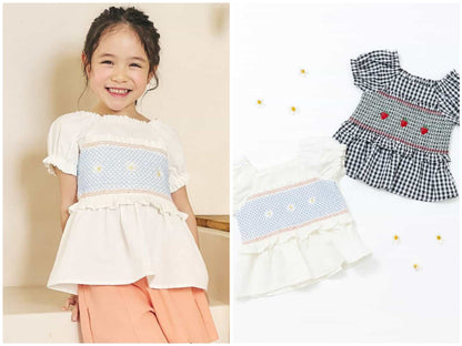 日本童裝 apres les cours 刺繡褶皺上衣 80-130cm 女童款 夏季 TOPS