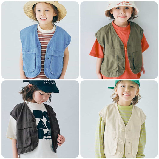 Japanese children's clothing p.prem#r 3D pocket work vest jacket 80-140cm boys/girls summer outerwear 