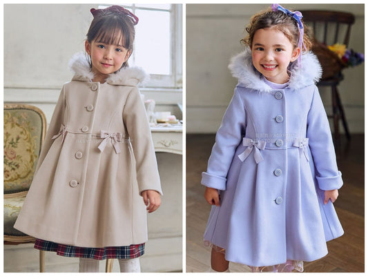 日本童裝 aF#a325 【可拆式毛毛帽】毛呢大褸 110-160cm 女童款 秋季 (適合寒冷天氣、溫度低天氣及落雪）OUTERWEAR