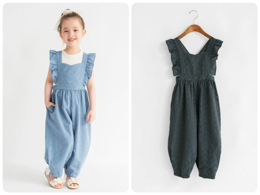 Japanese children's clothing Branches shoulder embroidery ruffle jumpsuit 90-150cm girls summer jumpsuit 