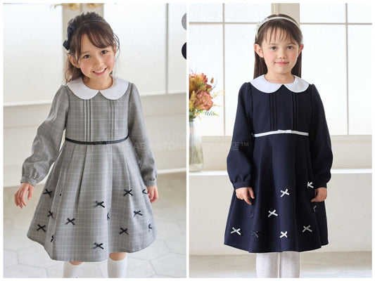 日本童裝 aF#a325  領口緞帶長袖連身裙 110-130cm 女童款 冬季 DRESSES 面試/宴會/表演