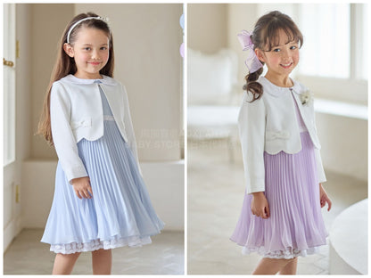 日本童裝 aF#a325 緞帶短外套+雪紡褶皺連身裙 110-130cm 女童款 冬季 OUTERWEAR  DRESSES 面試/宴會/表演