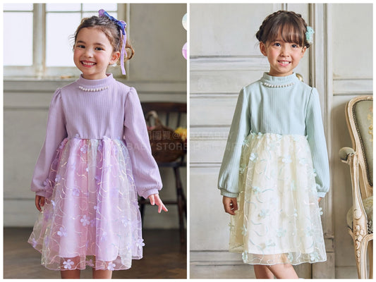 日本童裝 aF#a325 花花網紗拼接連身裙 100-150cm 女童款 冬季 DRESSES