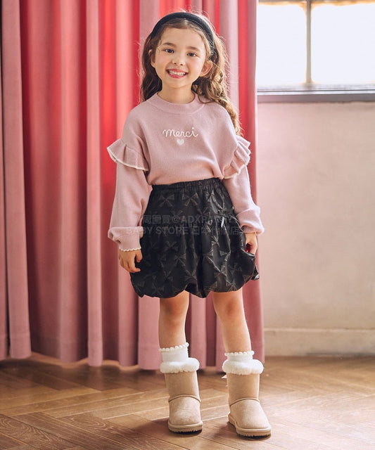 日本童裝 aF#a325 肩部荷葉邊針織毛衣 110-160cm 女童款 冬季 TOPS