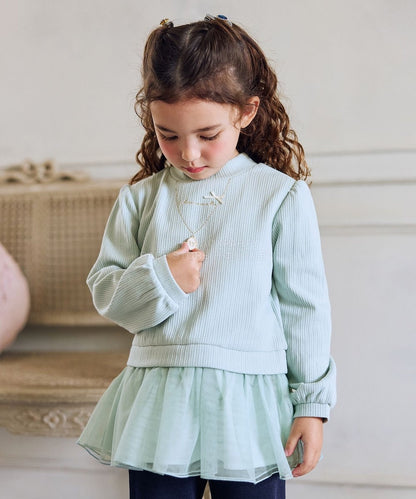 日本童裝 aF#a325 抓毛項鏈拼紗上衣 110-160cm 女童款 冬季 TOPS