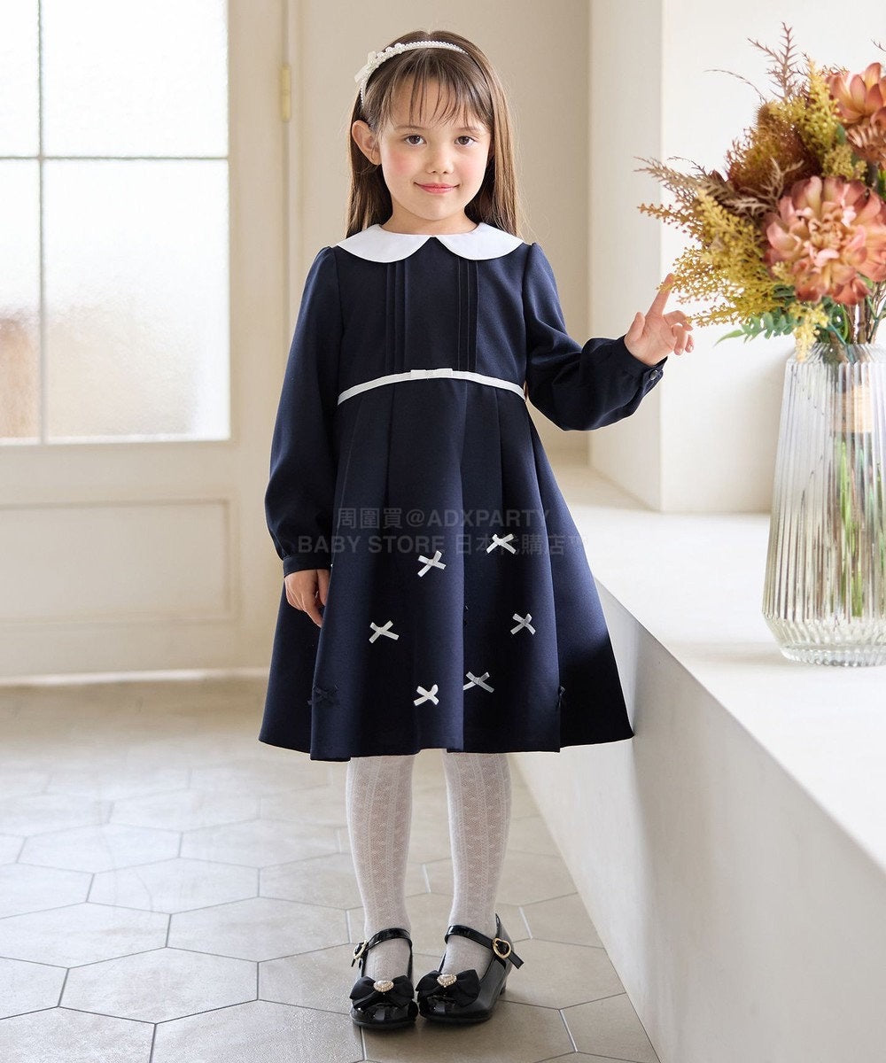 日本童裝 aF#a325  領口緞帶長袖連身裙 110-130cm 女童款 冬季 DRESSES 面試/宴會/表演