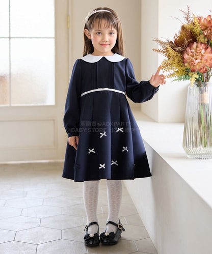 日本童裝 aF#a325  領口緞帶長袖連身裙 110-130cm 女童款 冬季 DRESSES 面試/宴會/表演