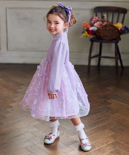 日本童裝 aF#a325 花花網紗拼接連身裙 100-150cm 女童款 冬季 DRESSES