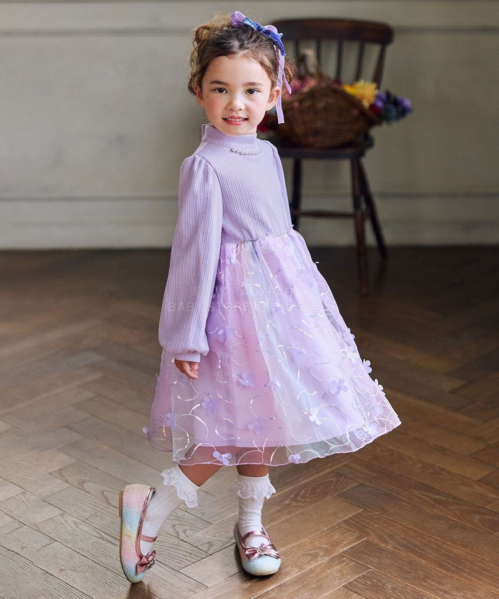 日本童裝 aF#a325 花花網紗拼接連身裙 100-150cm 女童款 冬季 DRESSES