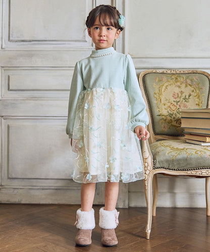 日本童裝 aF#a325 花花網紗拼接連身裙 100-150cm 女童款 冬季 DRESSES