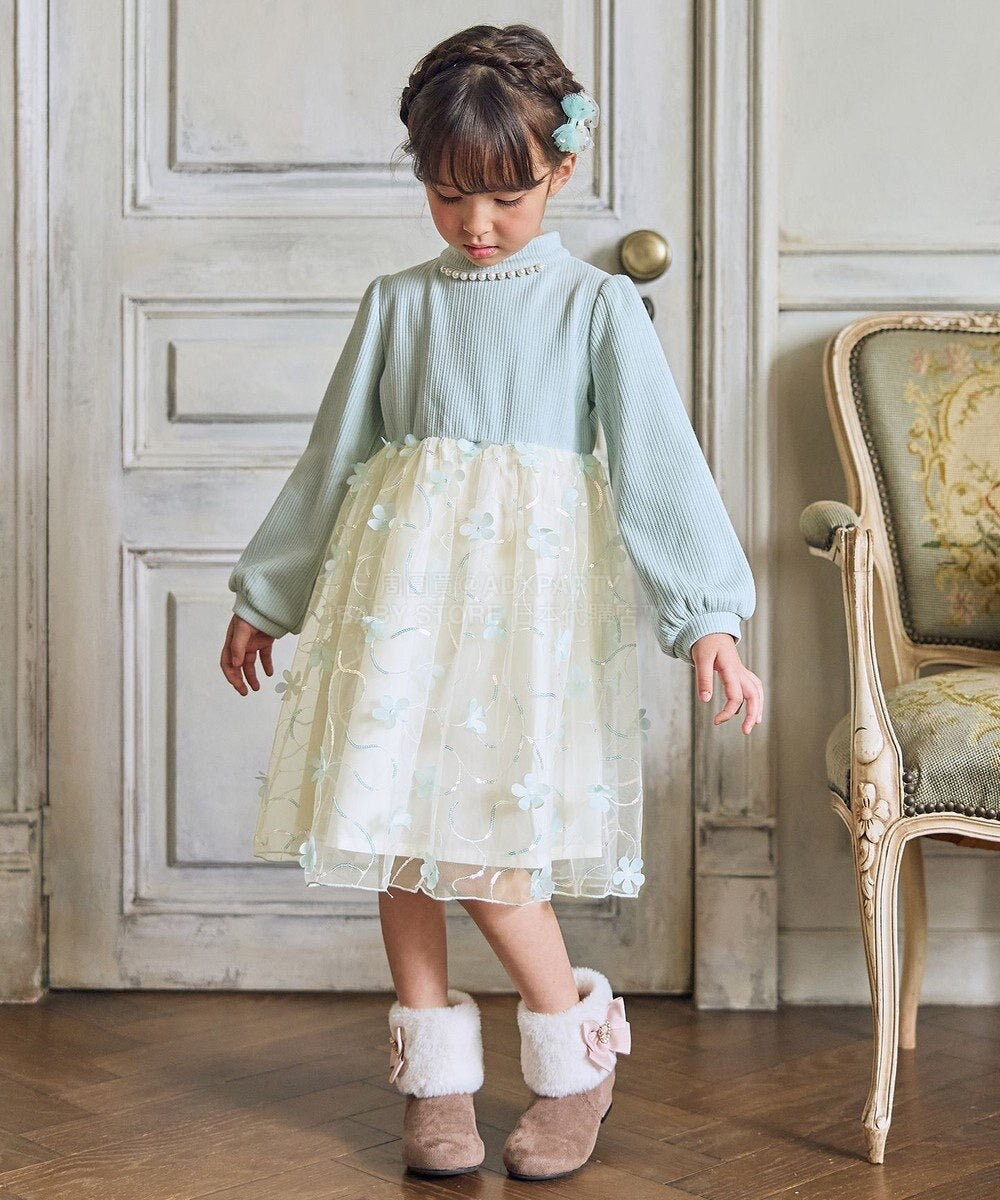 日本童裝 aF#a325 花花網紗拼接連身裙 100-150cm 女童款 冬季 DRESSES