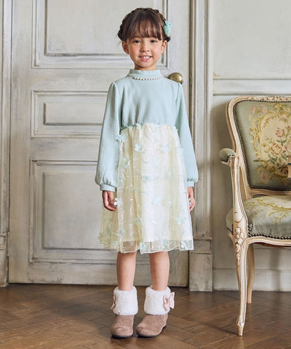 日本童裝 aF#a325 花花網紗拼接連身裙 100-150cm 女童款 冬季 DRESSES
