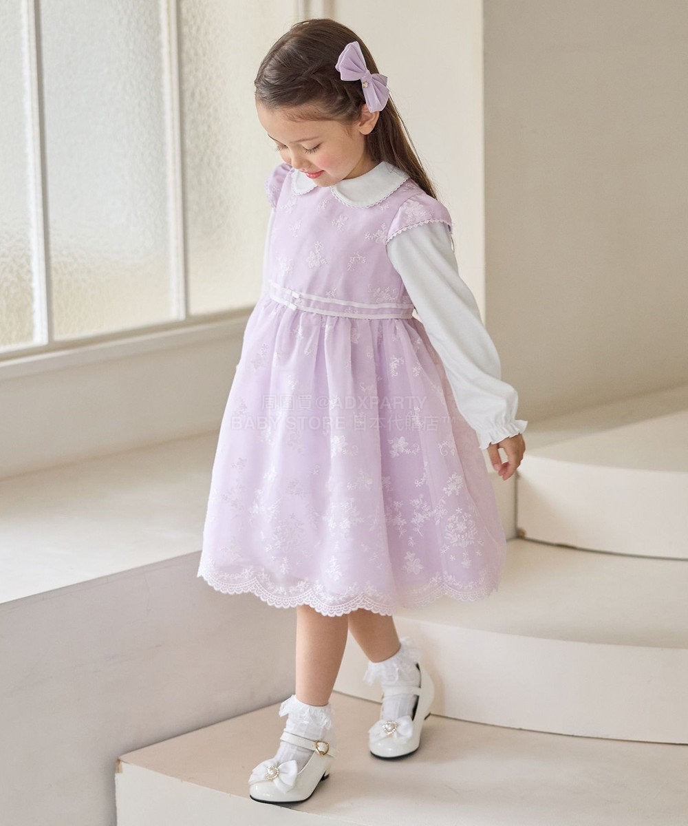 日本童裝 aF#a325 刺繡花卉短袖連身裙 110-130cm 女童款 冬季 DRESSES 面試/宴會/表演