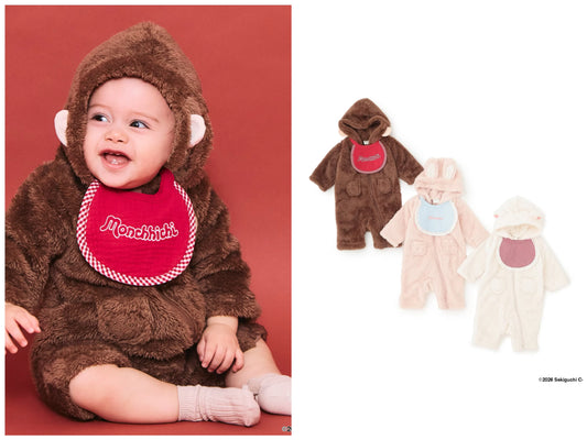 日本童裝 pe#main x Monchhichi 毛毛連衣及口水巾 70-80cm 男童款/女童款 初生嬰兒 秋季 Jumpsuit