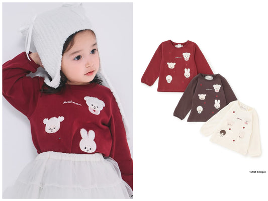日本童裝 pe#main x Monchhichi 毛毛刺繡圖案上衣 80-130cm 女童款 秋季 TOPS 聖誕紅/新年紅