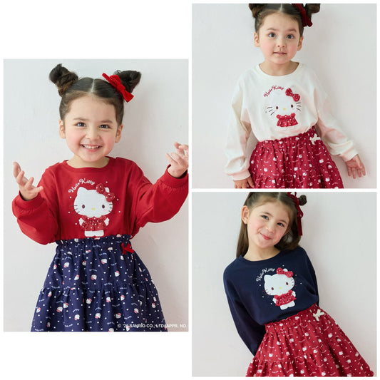日本童裝 ANY#26 x Sanrio Hello Kitty 貼花長袖上衣 110-150cm 女童款 秋季 TOPS 聖誕紅/新年紅
