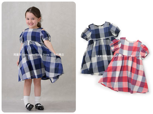 Japanese children's clothing pe#main off-the-shoulder checkered dress 80-130cm girls summer dresses 