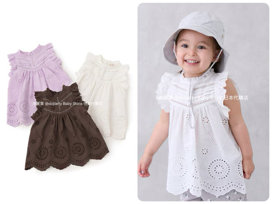 Japanese children's clothing pe#main lace hollow top 80-130cm girls summer TOPS 
